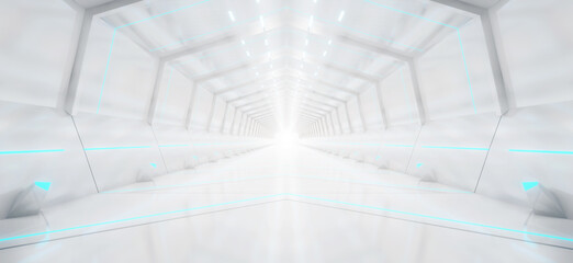 Abstract interior sci-fi spaceship corridors. futuristic design spaceship interior in blue background. 3d rendering.	
