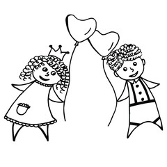 Hand drawn cartoon girl and boy flying together on heart shaped balloons