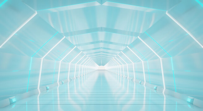 Abstract interior sci-fi spaceship corridors. futuristic design spaceship interior in blue background. 3d rendering.	
