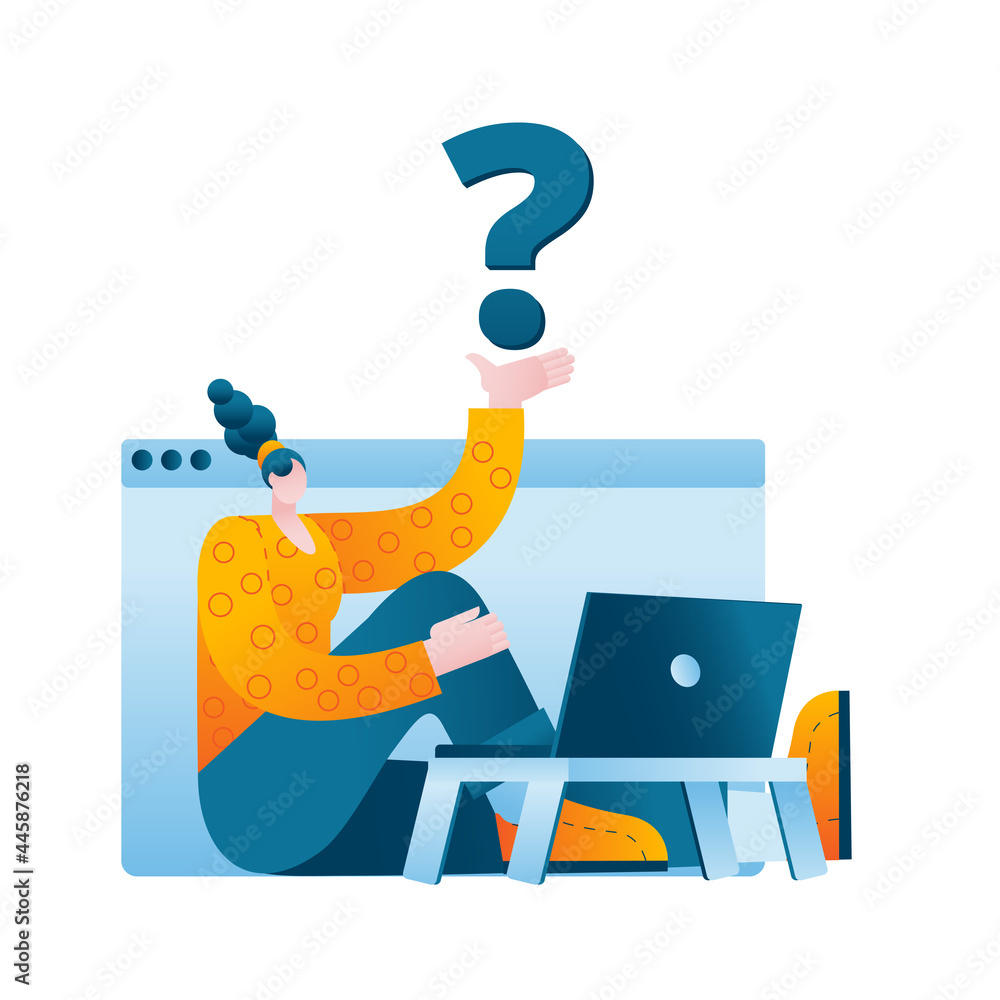Poster the character is sitting in front of a laptop and holding a question mark in his hand. vector illust