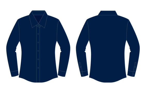 Women's Navy Blue Long Sleeve Uniform Shirt Template Vector On White Background.Front And Back View.