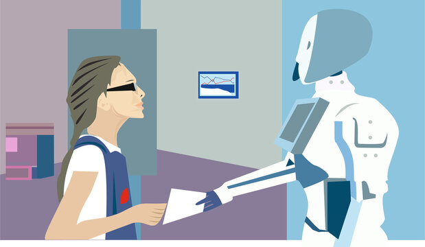 woman and robot handshaking in modern setting clip art preview
