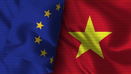 Vietnam and European Union Realistic Flag – Fabric Texture 3D Illustration