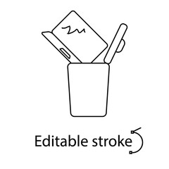 Laptop is thrown into the trash can outline icon. Computer problem. Customizable linear contour symbol