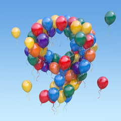 Number 9 nine from balloons in the sky. Text letter for age, holiday, birthday, celebration.