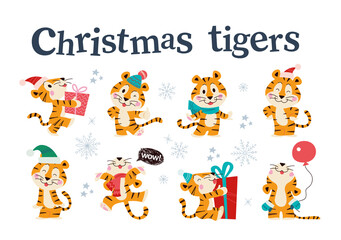 Set of cute little tigers with gift boxes, balloon in winter hat, scarf and gloves isolated. Vector flat cartoon illustration. For children holiday cards, patterns, prints, calendar, banner etc.