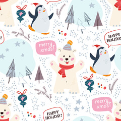 Seamless pattern with funny polar bear and penguin characters in hats, abstract decor elements, fir trees. For Christmas cards, invitations, packaging paper etc. Vector flat cartoon illustration.