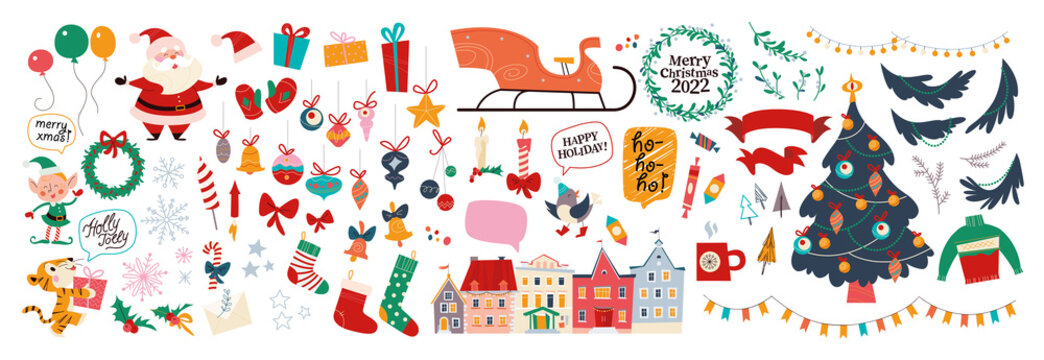 Big set of Christmas decor elements and characters isolated. Santa Claus, elf, winter city houses, gifts, sleigh, fir tree etc. Vector flat cartoon illustration. For Xmas card, banner, print, pattern.