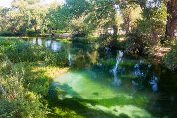On the banks of the river Tirino. Clear, transparent water. A beautiful landscape in the province of L'Aquila in Abruzzo