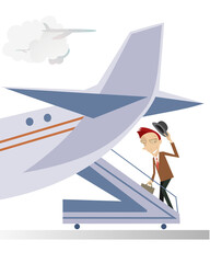 In the airport. Smiling man taking a plane waves by his hat
