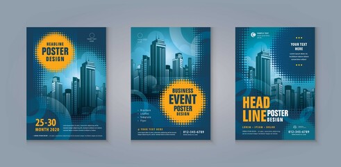 Business Leaflet Brochure Flyer template Design Set. Modern abstract Blue Glowing Circles