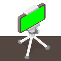 Illustration vector 3d isometric of smart phone with green screen on tripod on table on white blackground as basic divice of vlogging concept 
