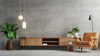 Living room interior have cabinet for tv and leather armchair in cement room with concrete wall.