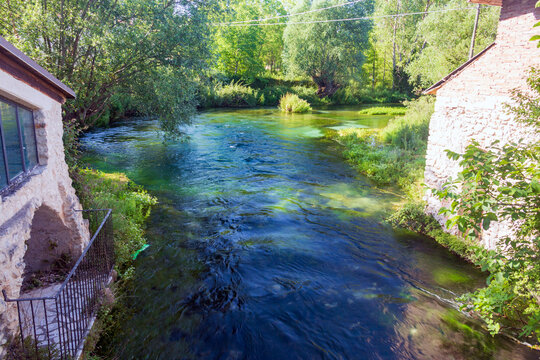 On the banks of the river Tirino. Clear, transparent water. A beautiful landscape in the province of L'Aquila in Abruzzo