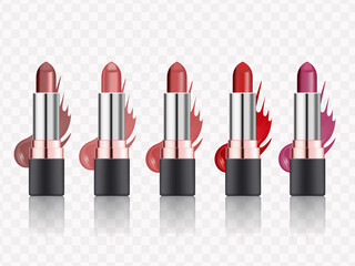 Cosmetics set of female lipstick cream and liquid smears different various of colors for makeup, template for a posters, banners, logos, realistic mockup vector illustration