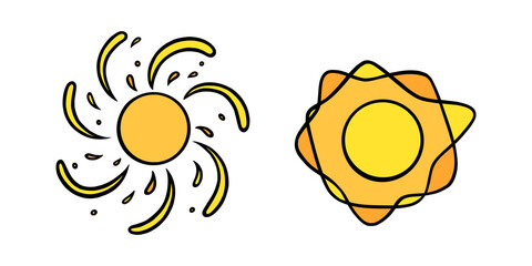 Handdrawn yellow suns set. Colorful shining suns with swirling beams in doodle style. Black and white vector illustration isolated in white background