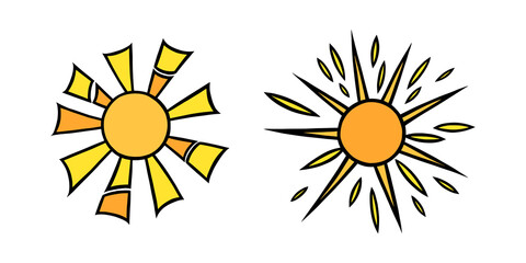 Handdrawn yellow suns set. Colorful shining suns with beams in doodle style. Black and white vector illustration isolated in white background