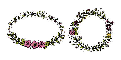Flower wreaths for invitations and bullet jourmals decoration. Circle and oval wreath dividers or borders. Doodle vector illustration isolated in white background