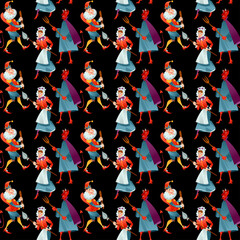 Traditional puppet show featuring Mr. Punch, his wife Judy and the Devil. Seamless background pattern.