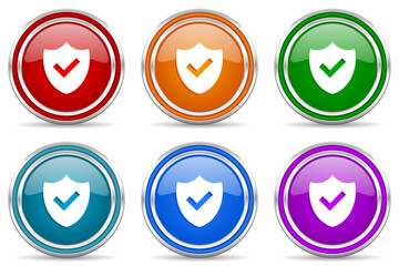 Shield silver metallic glossy icons, set of modern design buttons for web, internet and mobile applications in 6 colors options isolated on white background