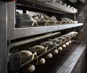 Production of bread in special forms at the bakery.