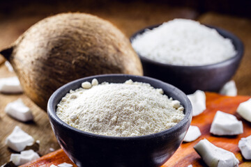 organic coconut flour, made from coconut, culinary ingredient of fruit candy
