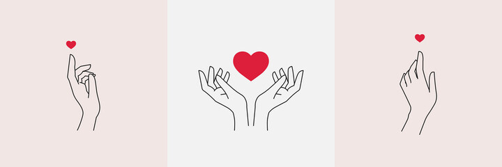 Abstract love hands set. Minimal female outline fingers and hearts. Self care, linearly beauty sticker, Asian sign of love, Korean symbol mini heart. Vector illustration