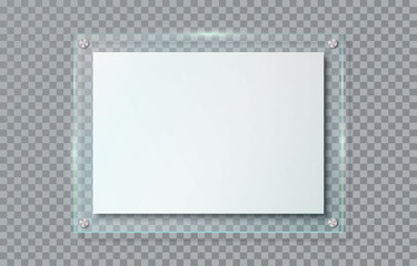 Realistic blank poster in glass frame hanging on wall isolated on transparent background. Clear horizontal acrylic name plate with mounting brackets. Banner plexiglass holder. 3d vector illustration