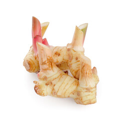 Fresh galangal rhizomes with sliced and green leaf isolated on white background, (Alpinia galanga)