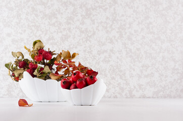 Autumn healthy ripe berries hawthorn and rose hip with red dried leaves in bowl in soft light white interior, copy space.