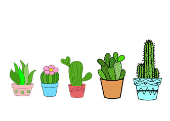 A set of line art, doodle style of pots of cactus in various shapes.Hand drawing isolate on white background. There’s copy space for your text. 