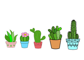 A set of line art, doodle style of pots of cactus in various shapes.Hand drawing isolate on white background. There’s copy space for your text. 