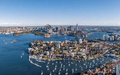 Stunning wide angle panoramic aerial drone view of the City of Sydney, Australia skyline with...