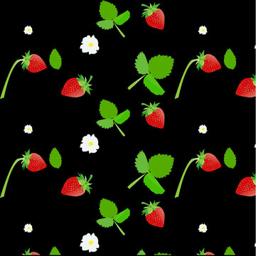 pattern with the image of strawberries, strawberry flowers and green leaves, on a black background