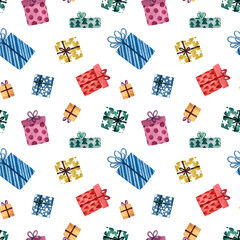 Fototapeta na wymiar Seamless pattern with colorful gifts for the holiday and new year. Suitable for wrapping paper, gift bags and festive decor. Watercolor illustration.