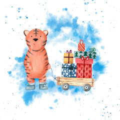 Card with watercolor illustration of a very funny stylized tiger (symbol of 2022 on the Chinese calendar) and a cart with New Year's gifts on a background of snowy blue watercolor stains.