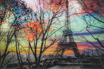 sunset in the park in paris with eiffel tower