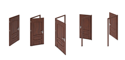 Isometric collection of flat closed and open doors. 3d rendering