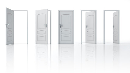 Set of white flat wooden open and closed doors. 3d illustration