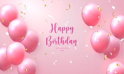 Elegant rose pink ballon and golden ribbon Happy Birthday celebration card banner template background