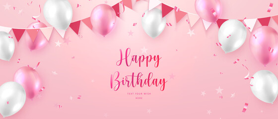 Elegant vibrant pink ballon and party propper ribbon flag Happy Birthday celebration card banner template background - 445883894