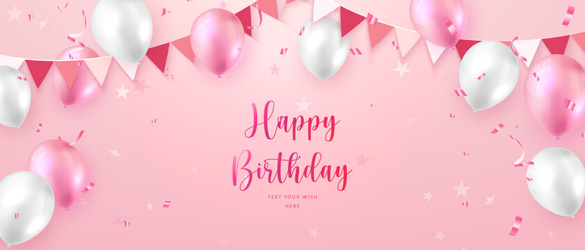 Elegant vibrant pink ballon and party propper ribbon flag Happy Birthday celebration card banner template background