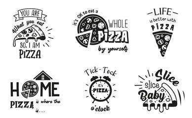 Pizza sign with funny quotes. Set of pizza symbols. Food emblem designs. Italian food badge. - obrazy, fototapety, plakaty