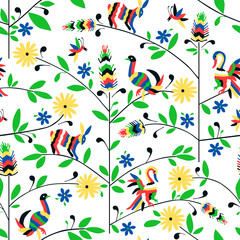 Seamless pattern with animal and floral ornament in the style of Mexican otomi embroidery - 445884219