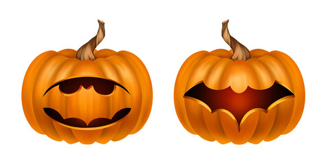 set of realistic drawn halloween pumpkins with cut out bat pattern, pumpkin carving lantern jack, glow inside, holiday print design.