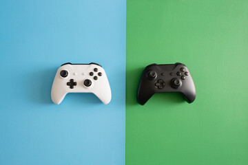 gamer work space concept, top view a gaming gear, mouse, keyboard, joystick, headset.