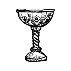 Etched vector illustration. Art work. Hand drawn ink sketch of antique bowl for Royal ceremonies. Metal vintage Cup for wine on ornate leg. Sacred graal. Medieval nobility symbol.