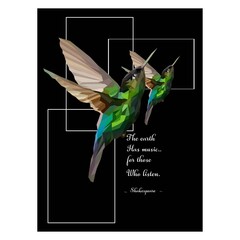 Hummingbirds illustration with Low polygon isolated on black background and Shakespeare quotes. Modern geometric design.