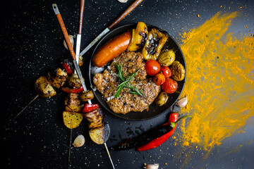 Steak on the plate and black background sprinkled with salt and pepper.
