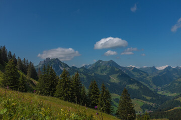 Fototapeta premium Landscape view of the Swiss Alpes from the Kaiseregg and Luchere Mountains, Shot in Jaun area, Fribourg, Switzerland